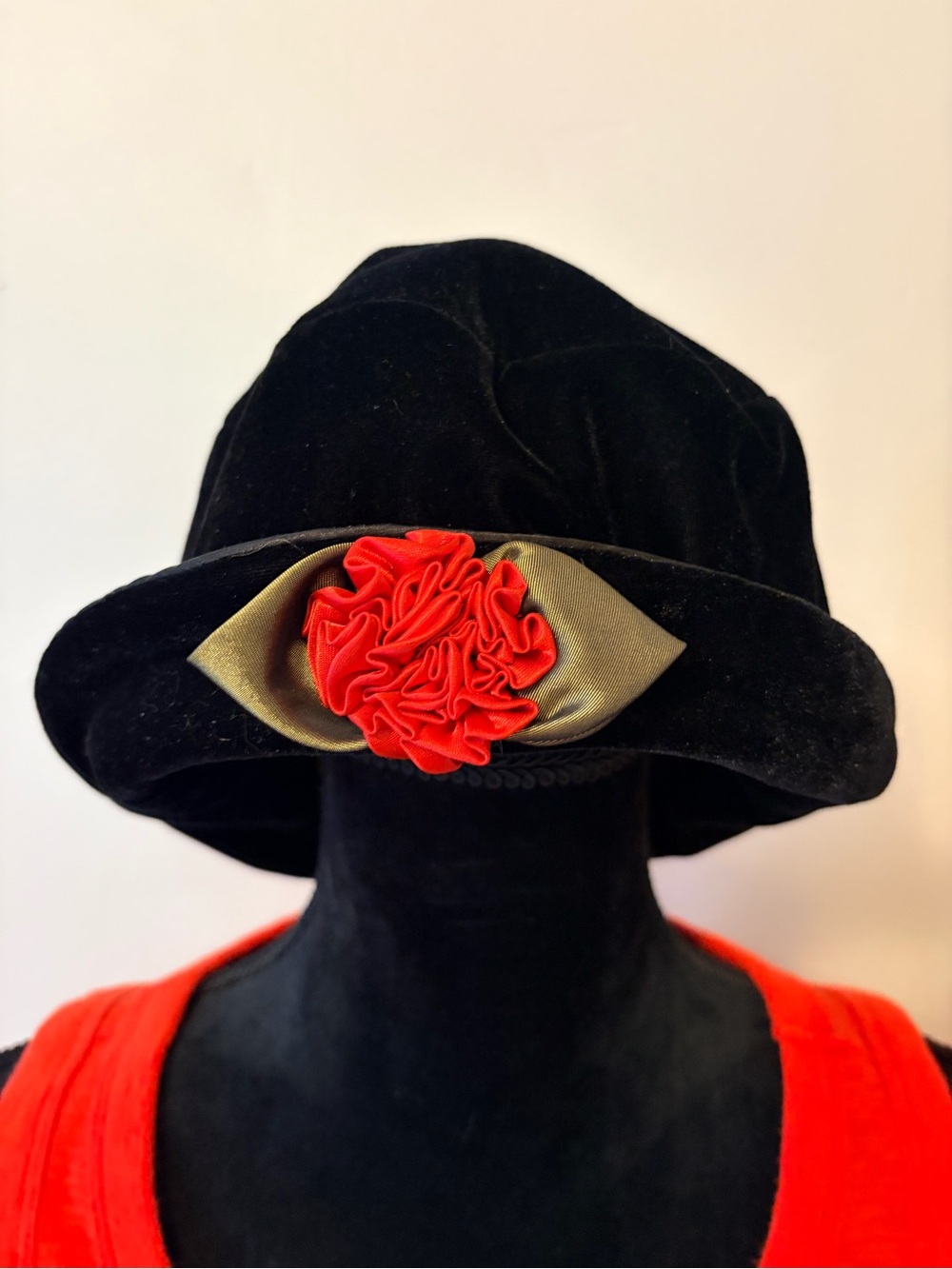Black Velvet Women's Cloche Hat with Red Flower and Olive Bow